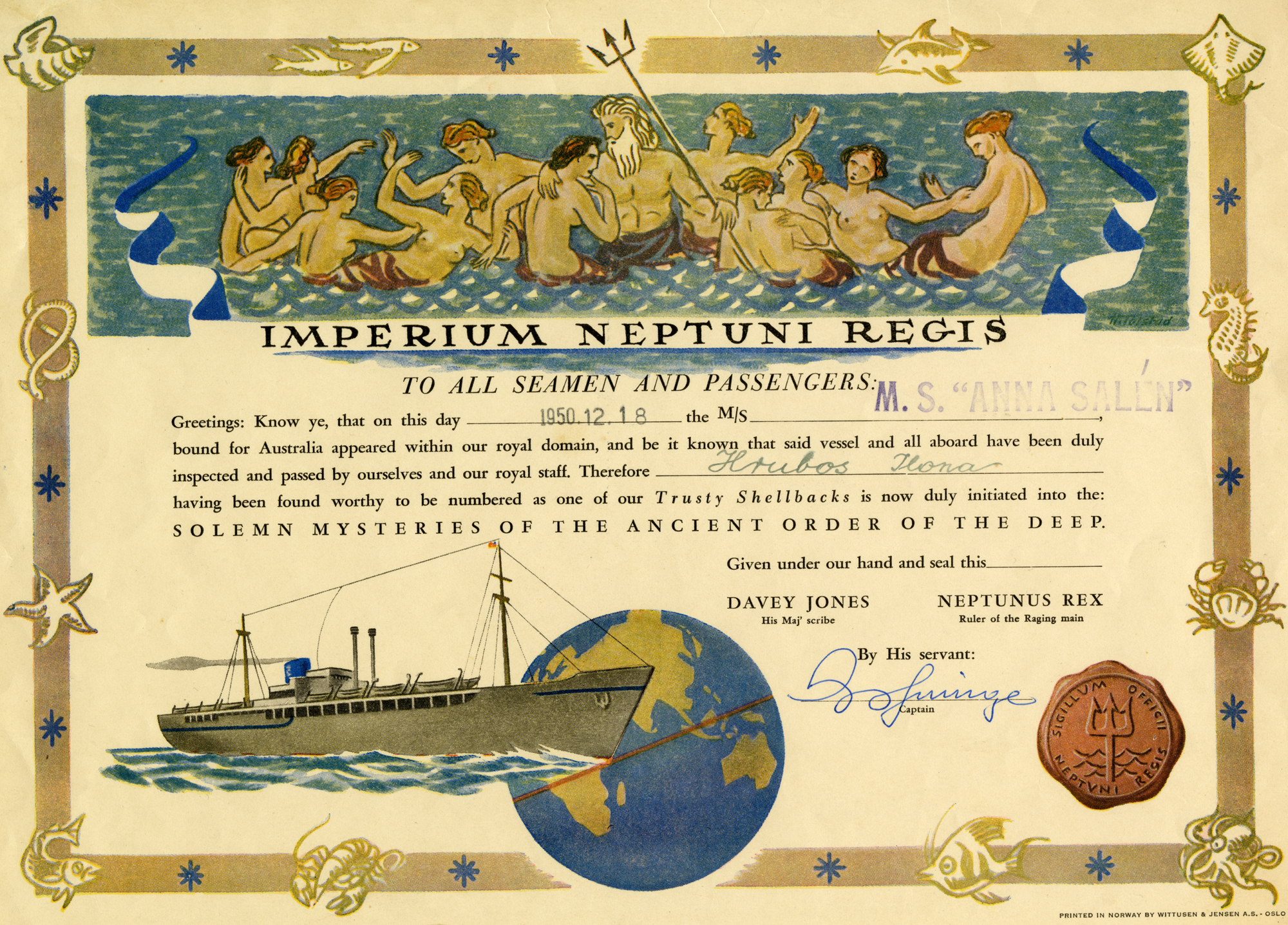King Neptune's certificate