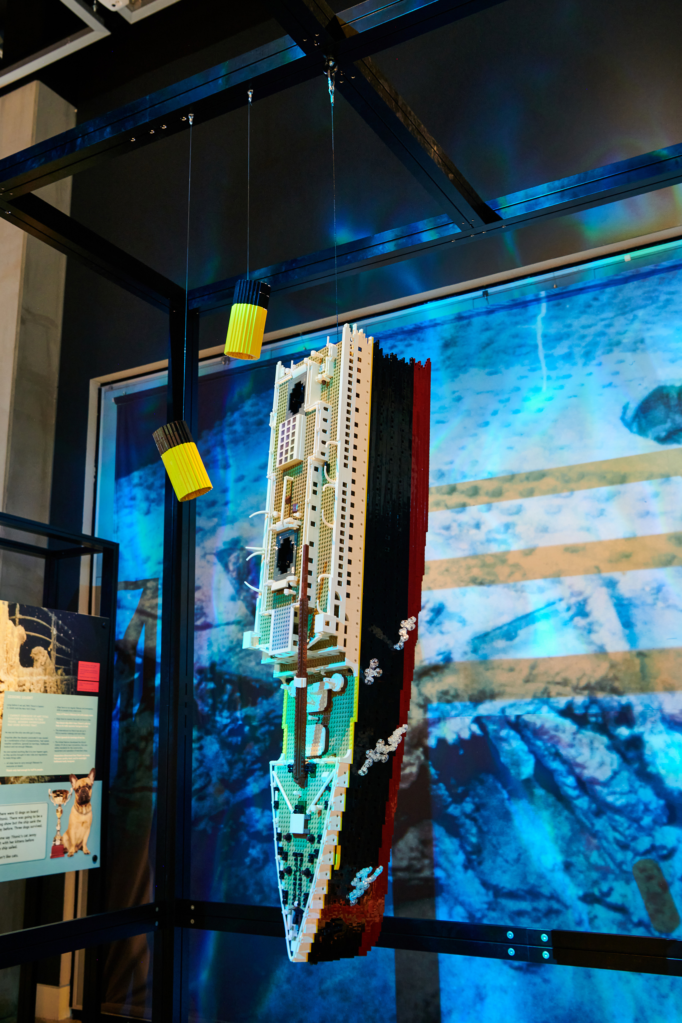 A suspended LEGO model of the Titanic