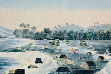 A painting of small dwellings and tents arranged on a flat area of land beside the ocean