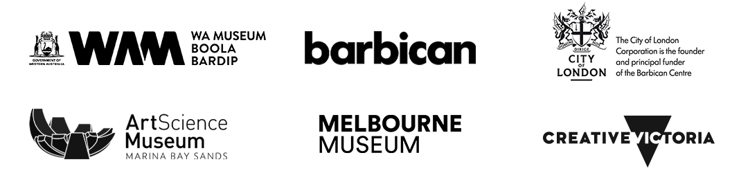 Logos for WA Museum Boola Bardip, Barbican, City of London, Art Science Museum Marina Bay Sands, Melbourne Museum and Creative Victoria
