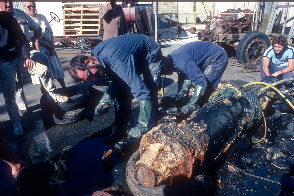 Inspecting parts of the recovered Trial wreck