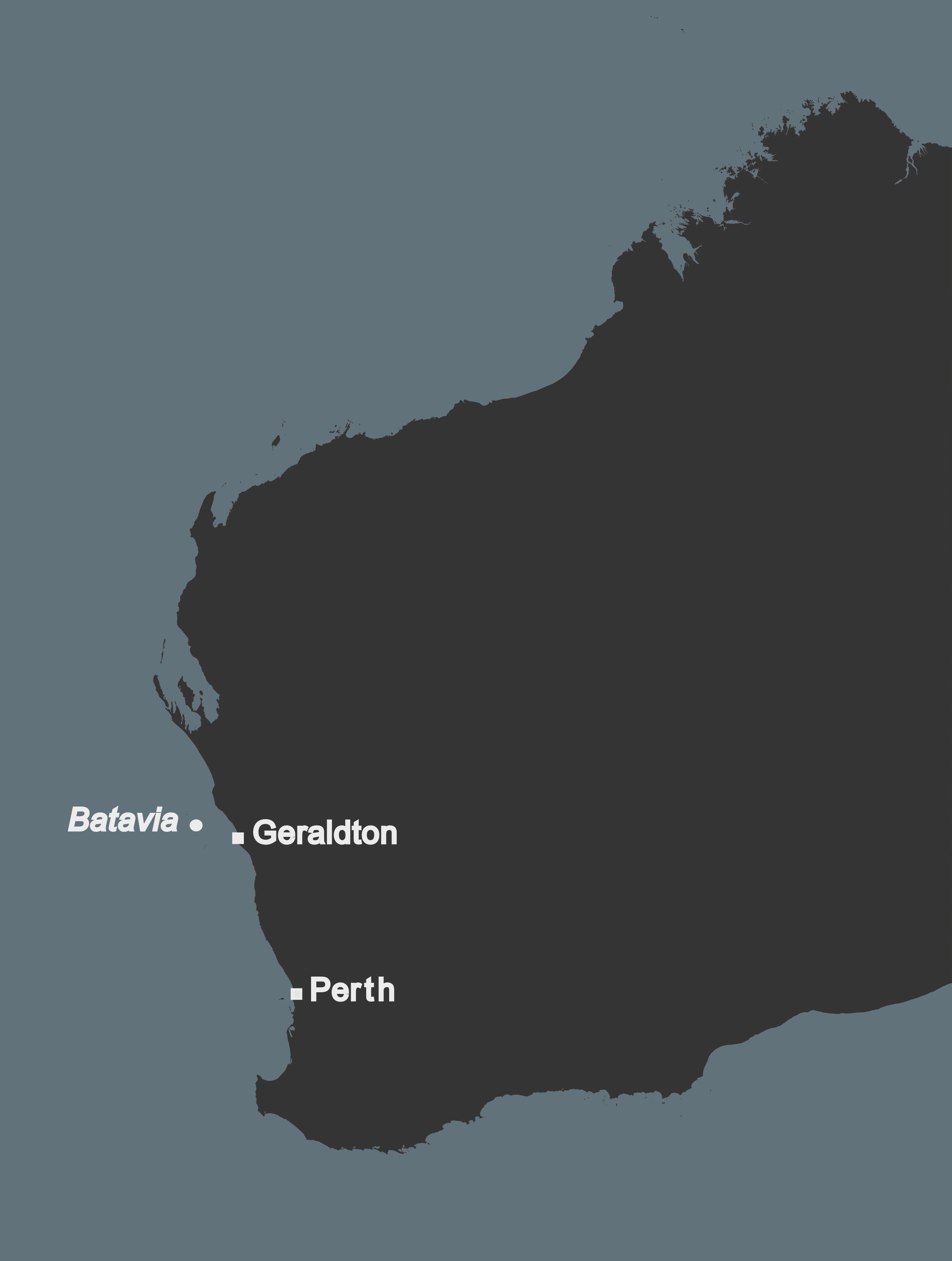 Western Australia with Perth marked in the south and Geraldton and the Batavia wreck site in the mid-west.