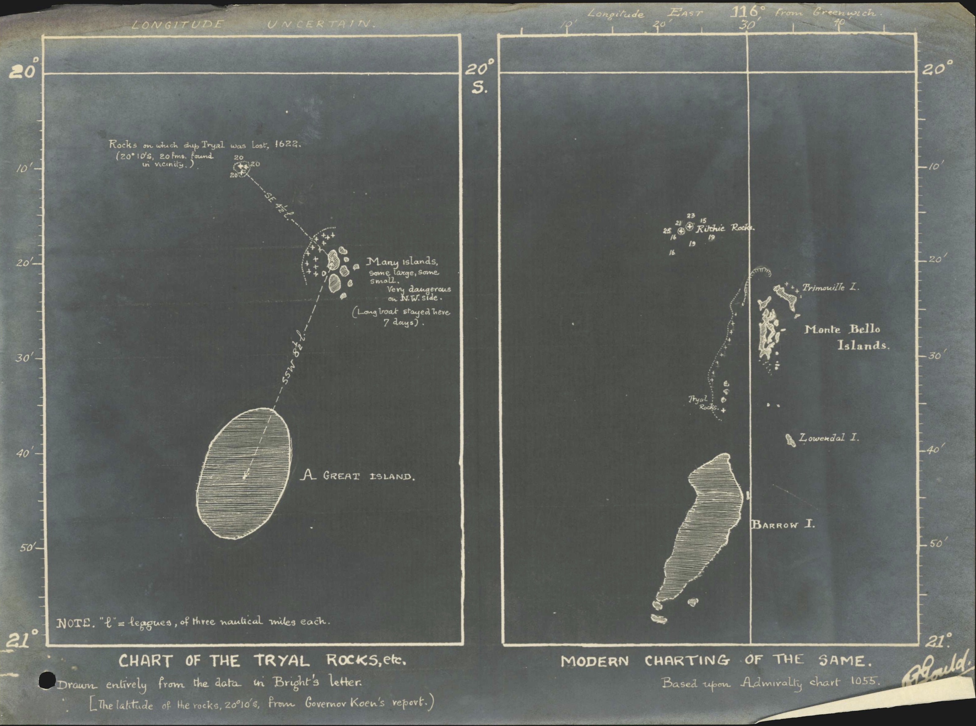 Map on the left is rough spatial sketch and the map on the right, is an accurate chart of the islands.