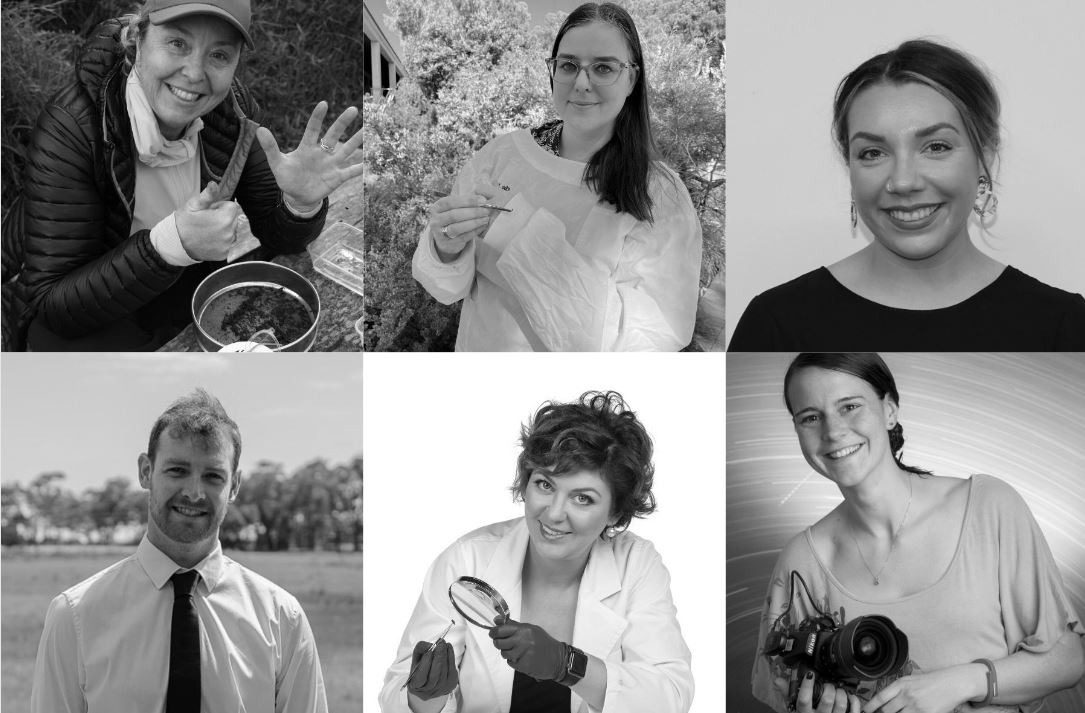 A black and white collage of eight headshots of scientist presenting at Boola Bardip 