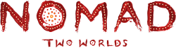 A logo that reads Nomad Two Worlds written in a red finger-painted style with yellow dots along each letter