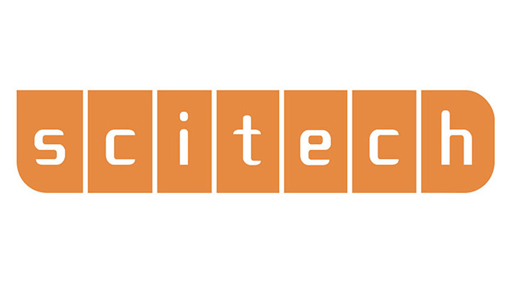 A logo reading 'Scitech' in white letters on a bright orange background with each letter separated by a white line across the background