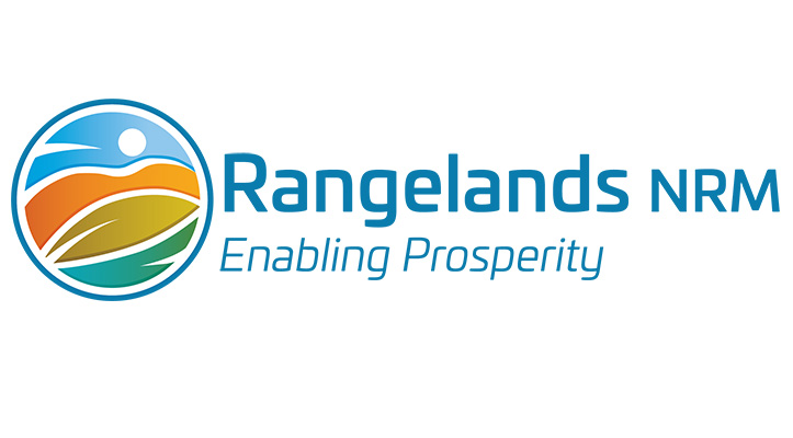 A blue logo with a circular globe-like graphic reaming 'Rangelands NRM' in large blue letters 