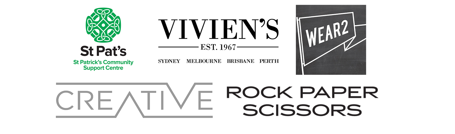 An assortment of logos from St Patrick’s Community Centre, Wear2 Fremantle, Vivien’s Model Management, Vivien’s Creative and Rock, Paper, Scissors Fremantle