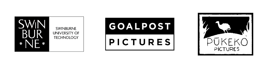 Three black and white logos representing the ABC, the ias, Fine Art Logistics and the Australian Government Visions of Australia branch
