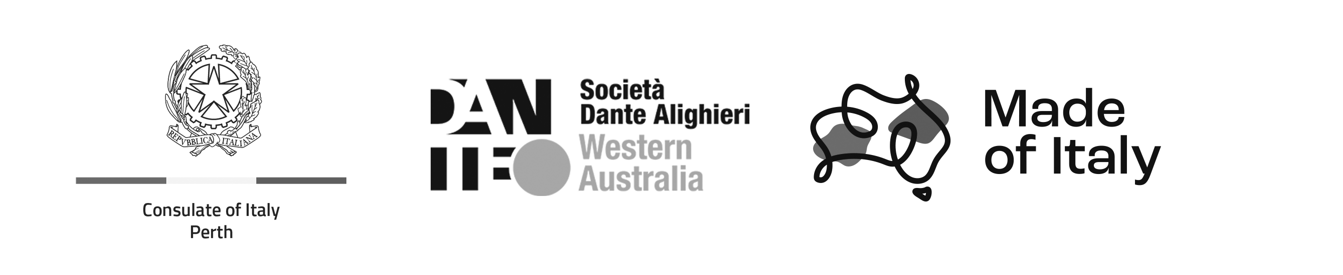 Grayscale images of the Consulate of Italy Perth, Societa Danta Alighieri Western Australia, and Made of Italy logos