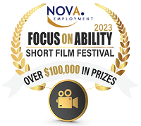 a logo with a gold wreath and inside text saying Focus on Ability short film festival and a symbol of a film camera