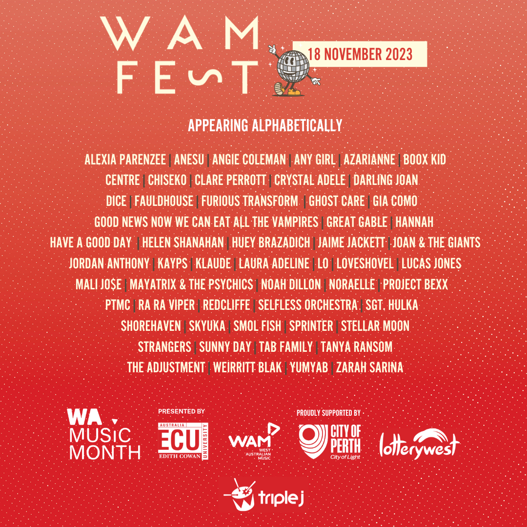 A text-heavy list of performing artists for the 2023 WAMFest. A screen-reader-friendly version of the lineup is available on the WA Museum WAMFest event page 