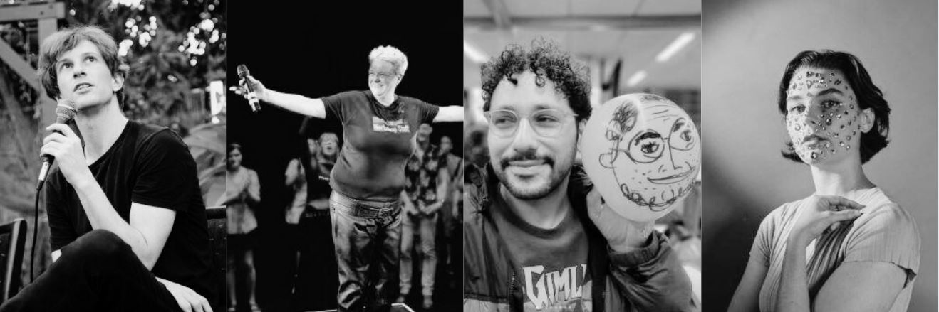 A collection of four black and white photograph portraits showing the four presenters for Queer Powerpoint. From left to right, Andrew Sutherland holds a microphone and looks off as though in mid sentence, JC holds a microphone and stands as though mid-bow, smiling, Elijah Bartholomew smiles and holds a balloon with a caricature of their face and Phoebe Sullivan poses wistfully with craft gems on their face