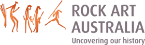 Abstract drawings of orange people holding spears and farming equipment next to the words Rock Art Australia in large capital letters and Uncovering our History in smaller letters.