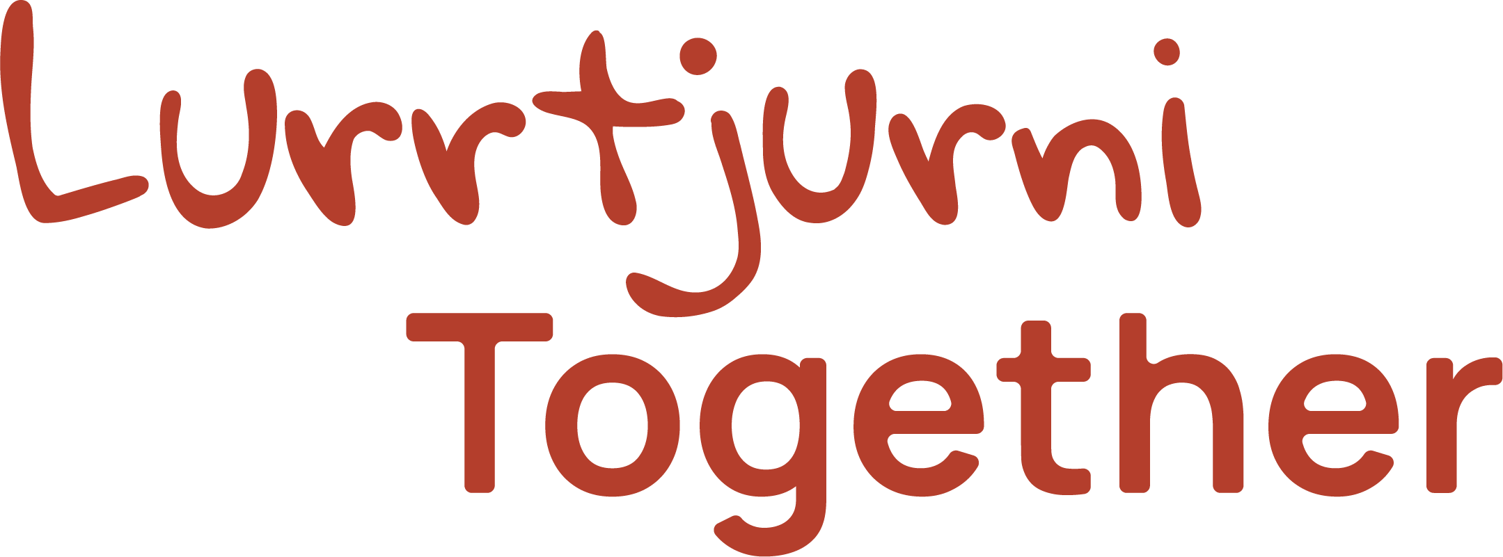 The words Lurrtjurni Together written in red writing on top of a series of small dots in the shape of an emu