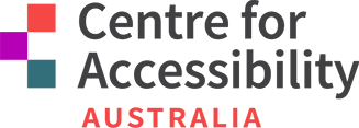 The words Centre for Accessibility Australia in grey and red lettering beside a graphic of a red, purple and blue square stacked in a checkerboard pattern