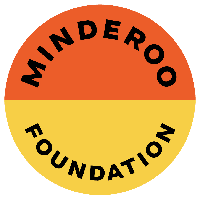 An orange and yellow semi-circle respectively containing the words Minderoo Foundation