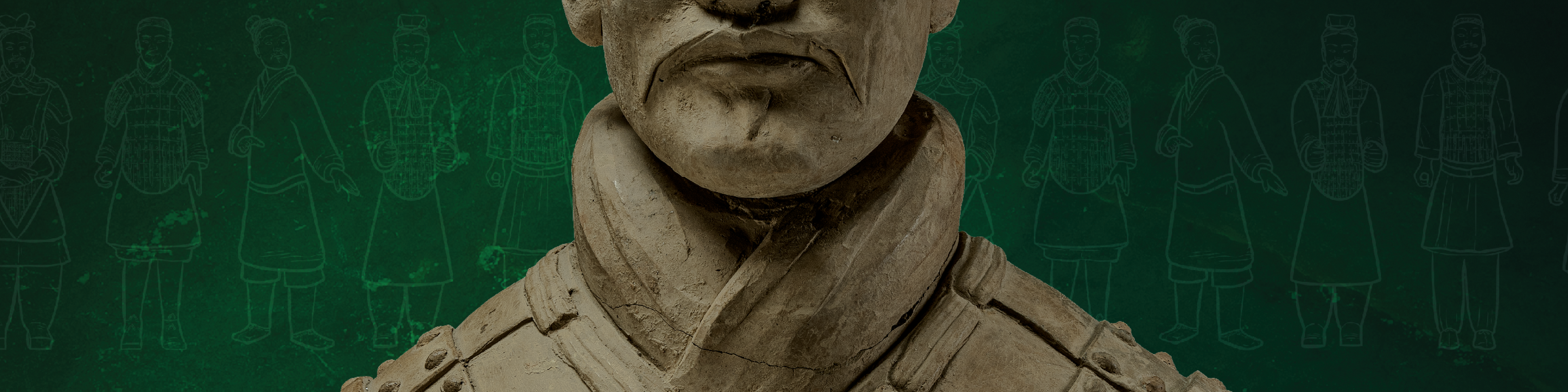 Close up of a terracotta warrior's face against a dramatic deep green background