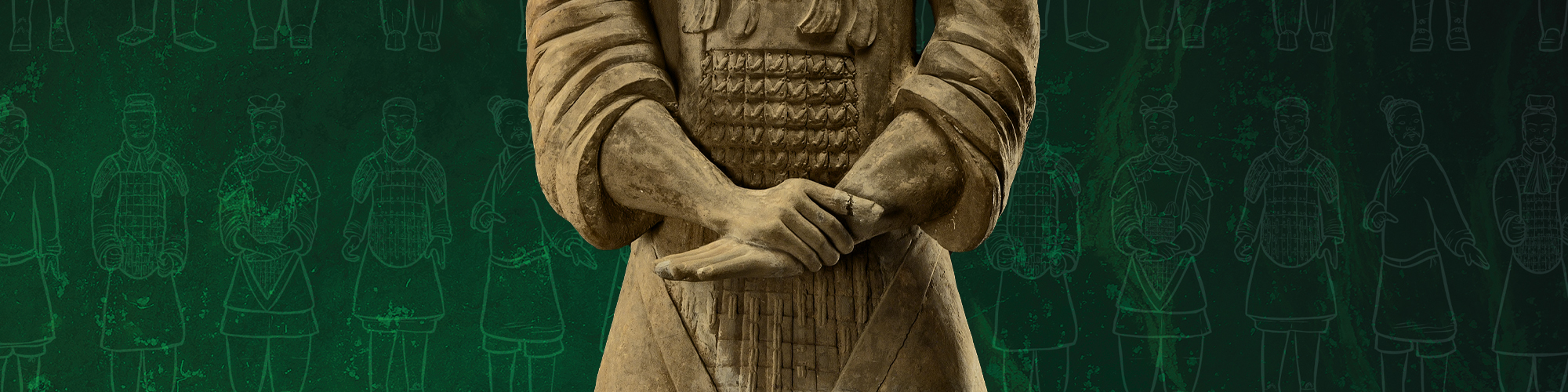 A terracotta warrior statue against a dramatic dark green background