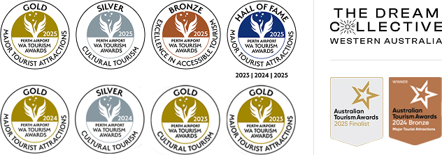 Badges representing a variety of Australian and Western Australian tourism awards won by WA Museum Boola Bardip between 2023 and 2025