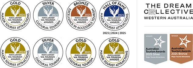 Badges representing a variety of Australian and Western Australian tourism awards won by WA Museum Boola Bardip between 2023 and 2026
