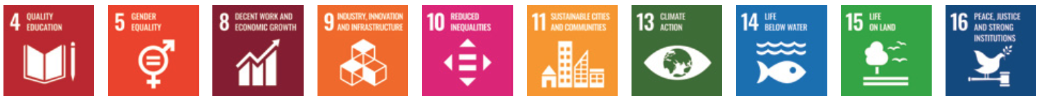Banner-style row of colourful Sustainable Development Goal icons (SDGs 4–16), including education, gender equality, economic growth, climate action, life below water, life on land, and peace and justice.