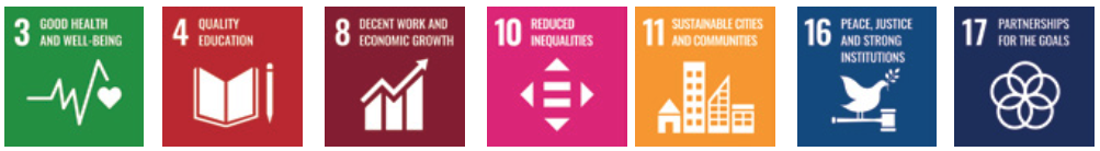 Row of colourful Sustainable Development Goal icons highlighting good health, quality education, economic growth, reduced inequalities, sustainable cities, peace and justice, and partnerships.