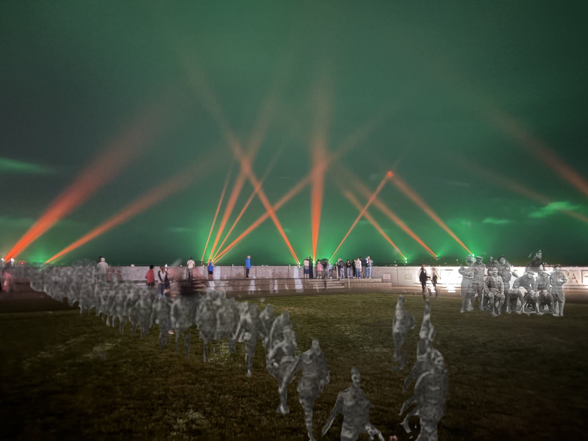 Night scene of a waterfront with green and orange laser lights in the sky, overlaid with ghost-like figures suggesting a historical crowd.