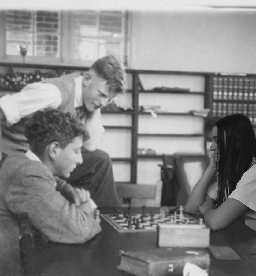 Black-and-white image of three people gathered around a chessboard, with a modern figure edited into the scene observing.