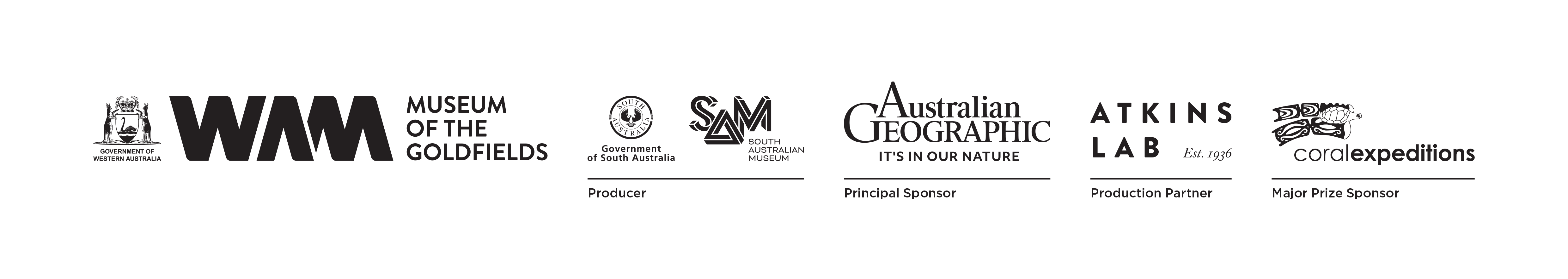 logo block. Museum of the Goldfields, South Australian Museum, Australian Geographic, Atkins Lab, Coral Expeditions