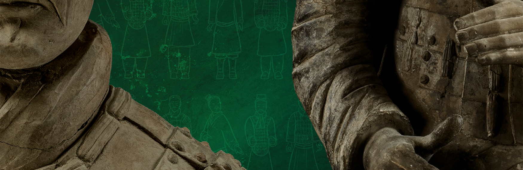Close-up view of two Terracotta Warrior statues with a green background featuring faint line drawings of similar figures