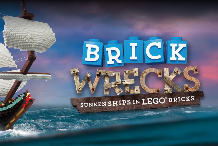 A poster featuring a LEGO ship sailing on the ocean and the title 'Brickwrecks: Sunken ships in Lego bricks'