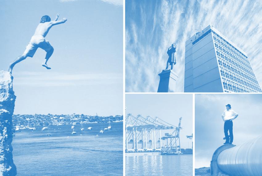 Four blue-tinted photographs featuring maritime locations and a pipeline