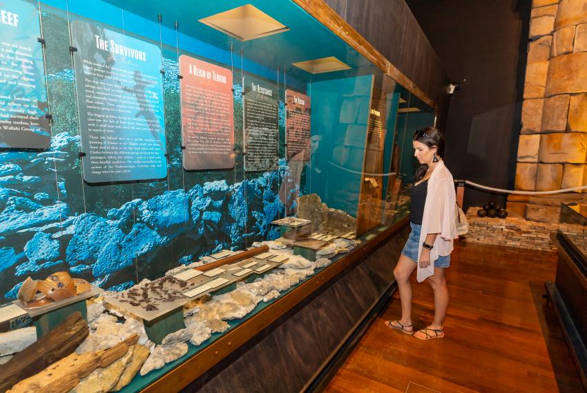 A woman examines objects in a showcase in the Museum of Geraldton's Shipwrecks Gallery