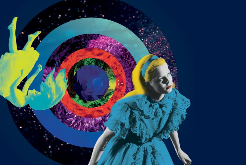Illustrations from Alice in Wonderland are arranged around a pattern of colourful concentric circles