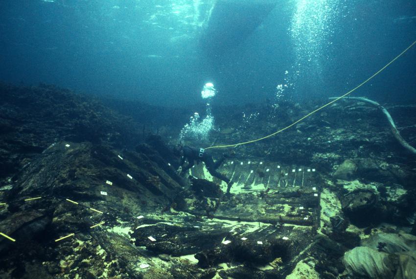 A diver swims down through deep blue water towards a sunken ship