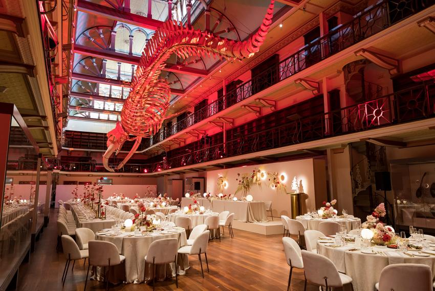 A large formal dining space beneath a blue whale skeleton