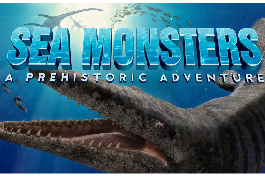 An artistic rendering of large prehistoric sea predators in the deep blue ocean, swimming around the letters 'Sea Monsters A Prehistoric Adventure' in a dramatic blue font