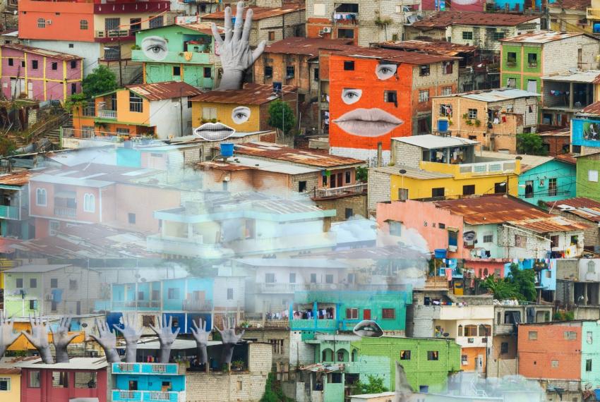 Brightly coloured traditional Latin American houses have been cut from magazines and collaged together in this collabortive artwork created by the Latin American community in Perth. Across the houses are other images such as body parts (arms, legs, eyes, mouths) and clouds, creating a whimsical and bright landscape. 