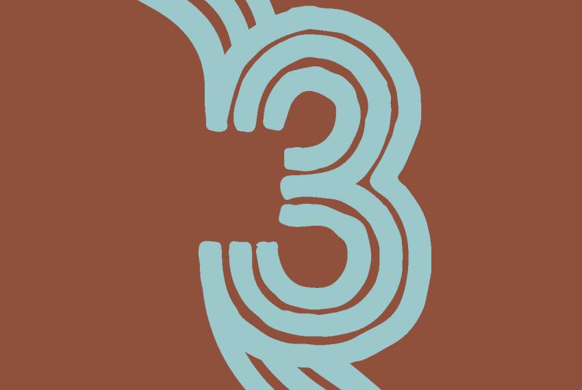 A burned orange background with three light blue lines in the shape of the number three