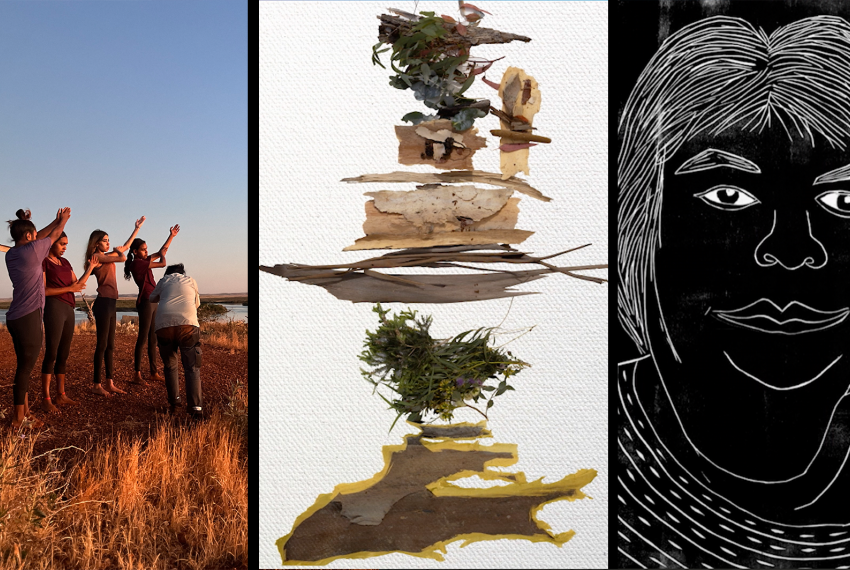A collage of three images separated by a black line respectively showing a group of young people dancing in a desert envirobment, a collection of colourful pieces of bark and leaves and a black and white etching of a person's face