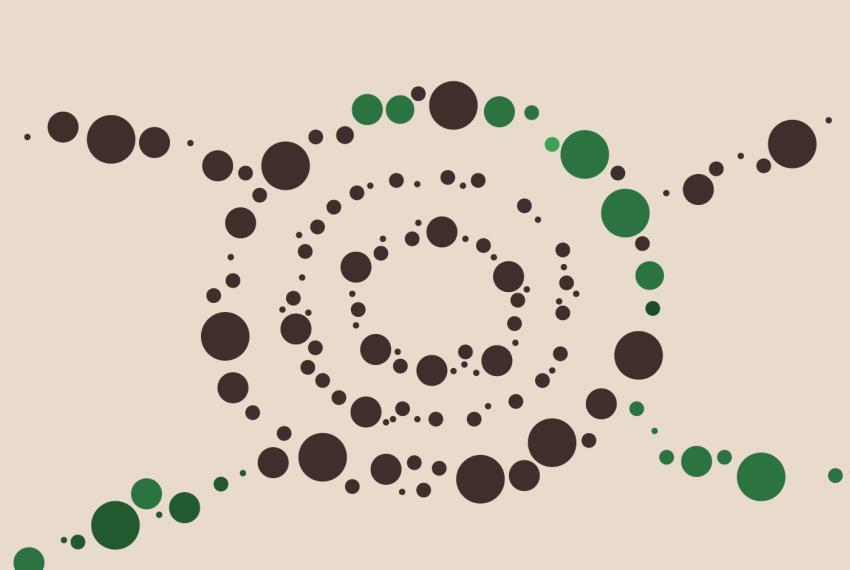 A series of brown and green dots that coalesce in the centre of a beige coloured canvas to form a series of concentric circles