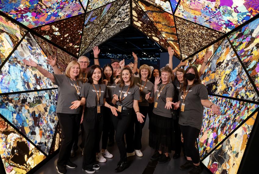 A small group of eleven people of various ages in matching black trousers and grey shirts with the word volunteer on the front, and gold lanyards. They all pose with their arms out, and stand under a large and colourful kaleidoscopic tunnel