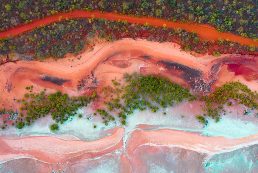 A vividly colourful drone shot of an ocean shore with bright peachy pink and burned orange sand and dirt speckled with green trees. Baby blue waters flow against the shore over pink sand banks