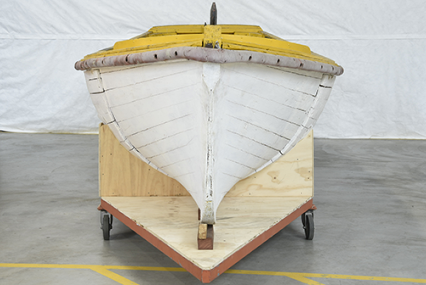 Heavily constructed open motor workboat used for servicing navigational beacons, buoys and lighthouses from the Commonwealth Government lighthouse tender MV Cape Don. The workboat’s hull is carvel planked in Oregon wood. It is installed with a 4-cylinder Kelvin diesel 20 horsepower engine. 