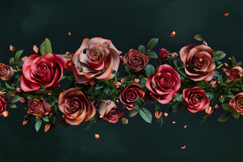 Red and pink toned roses with leaves flourish on a green textured background 