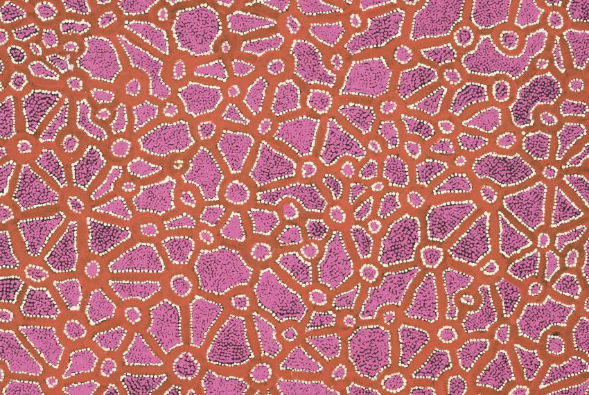 Bright pink and orange Aboriginal dot painting by Fred Grant, Puyartu 2008.