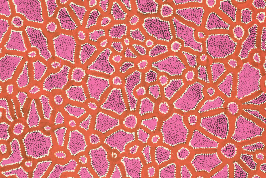 Bright pink and orange Aboriginal dot painting by Fred Grant, Puyartu 2008.