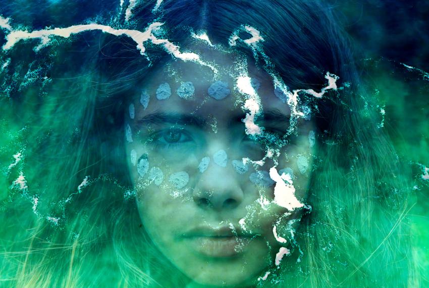 Young girl captured in a portrait, adorned with traditional face painting, layered with an aerial view of water, blending culture and nature in a single image.