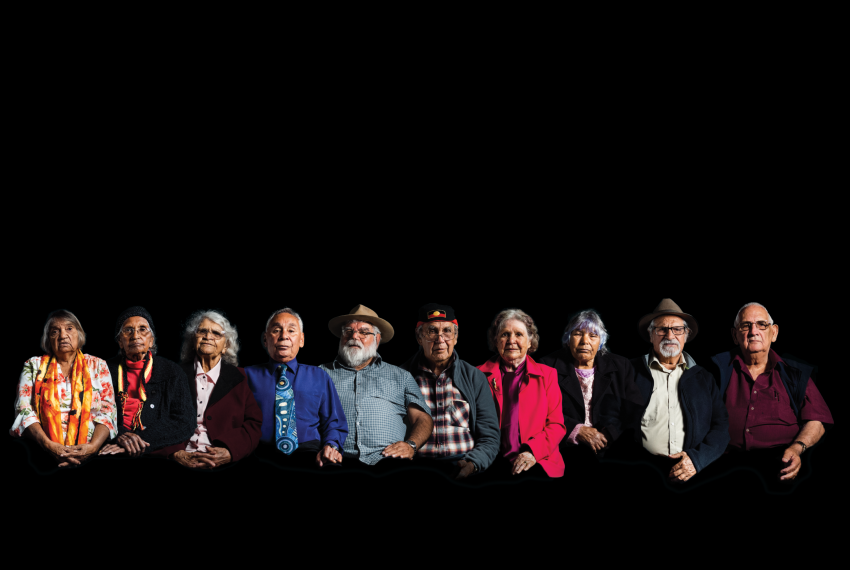 Ten Nyoongar elders in variously coloured clothing are pictured from their torso up superimposed on a black background 